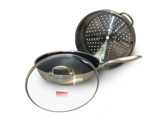 Ropot Woks-3 PC Honeycomb Non-Stick Stainless Steel Wok with Steamer a ...