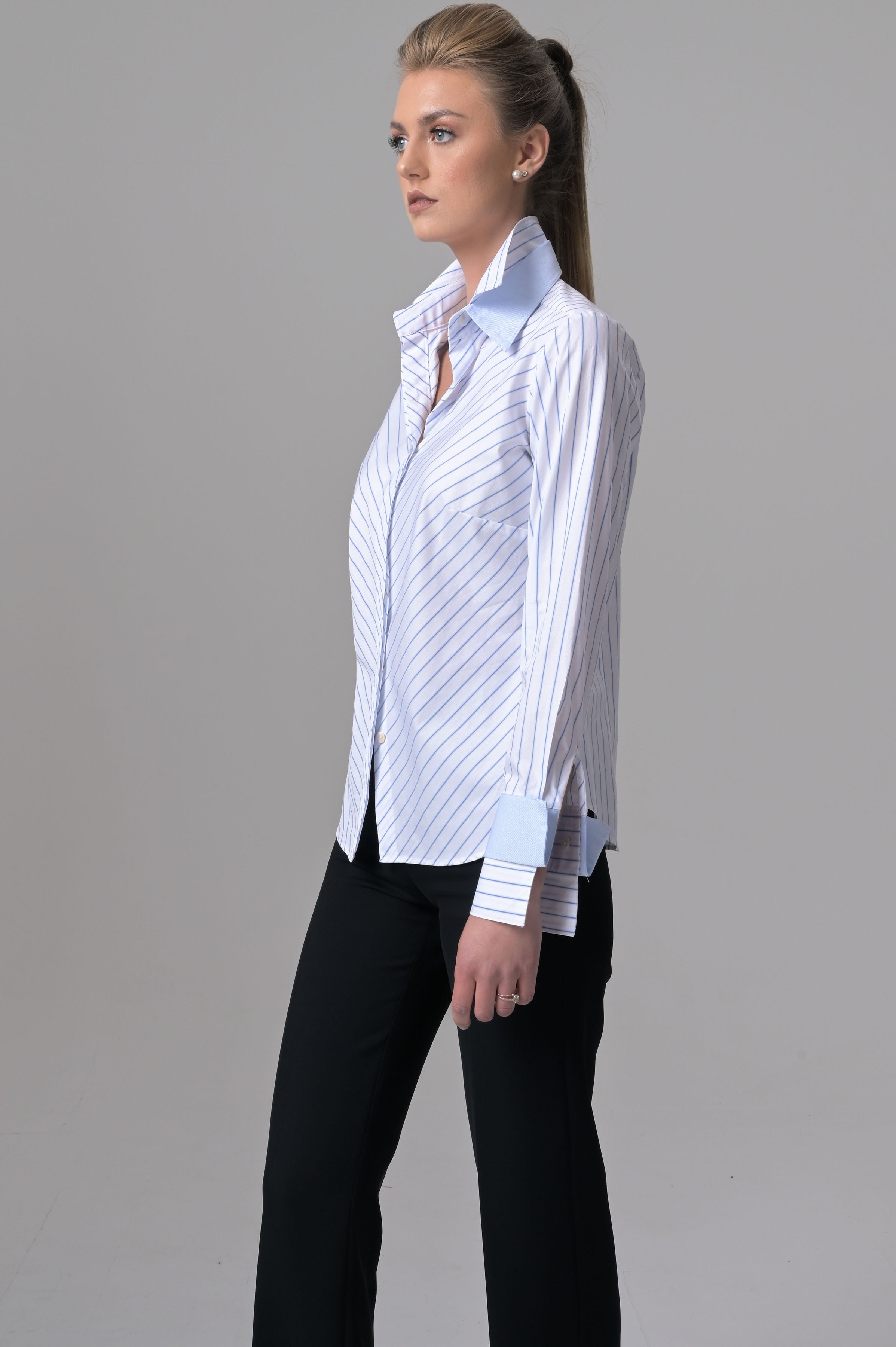 Double Collar - White with Blue Pencil Stripes