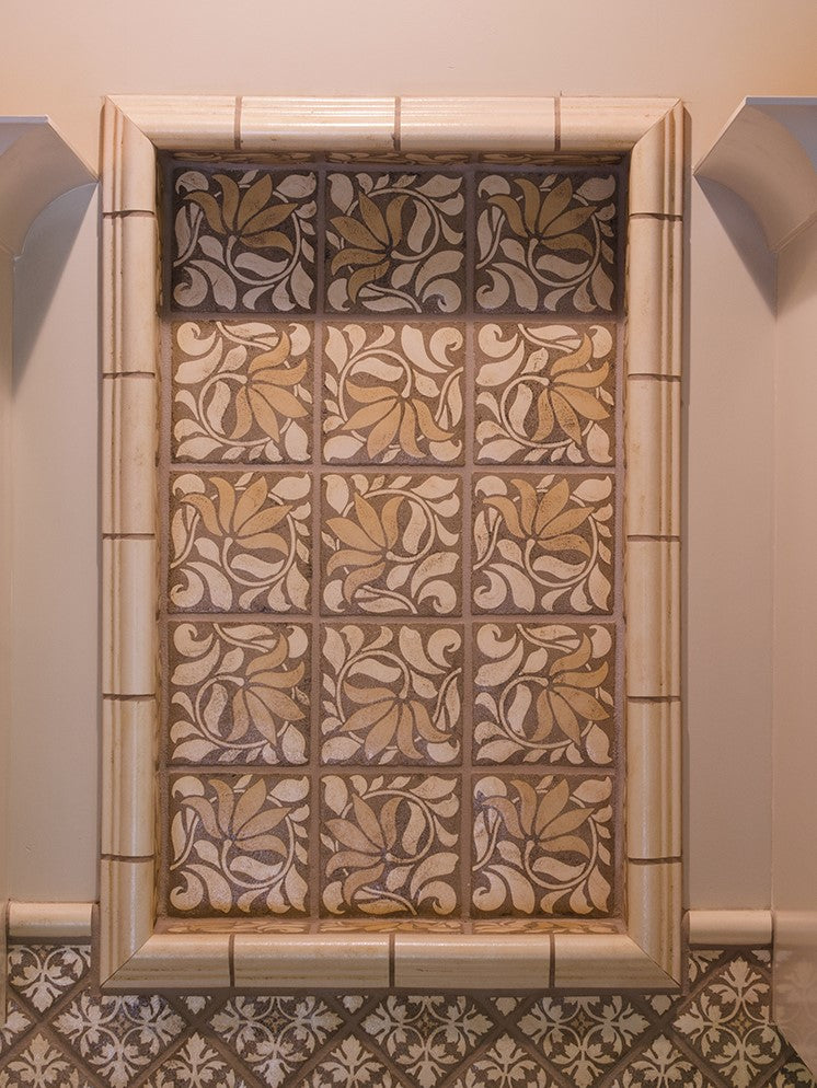 Close Up of Encaustic Terracotta, Yellow & Cream Tile Backsplash Inset over Sink