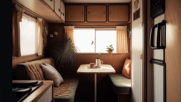 Image of a caravan interior featuring Plyco's Limewash Oak Vanply panels, a product suited for caravan interiors.