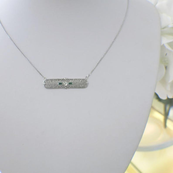 1920's Vintage Art Deco Emerald and Diamond Pin Conversion Bar Pendant Necklace 14K White Gold