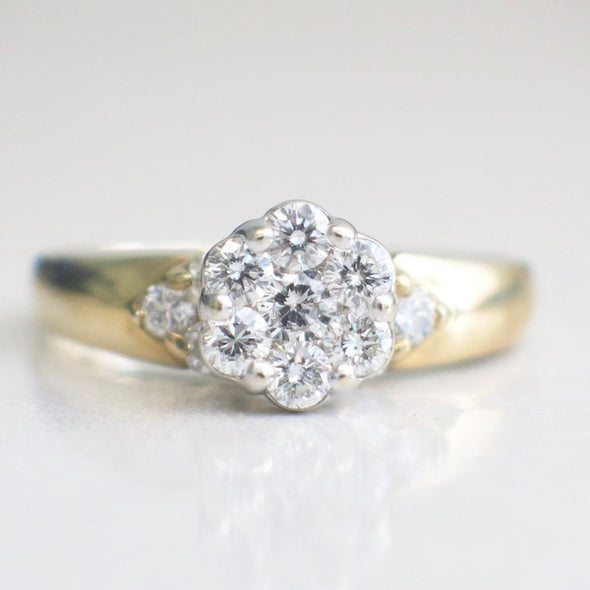 14K Vintage Diamond Cluster Flower Floral Ring Alternative Engagement Ring
