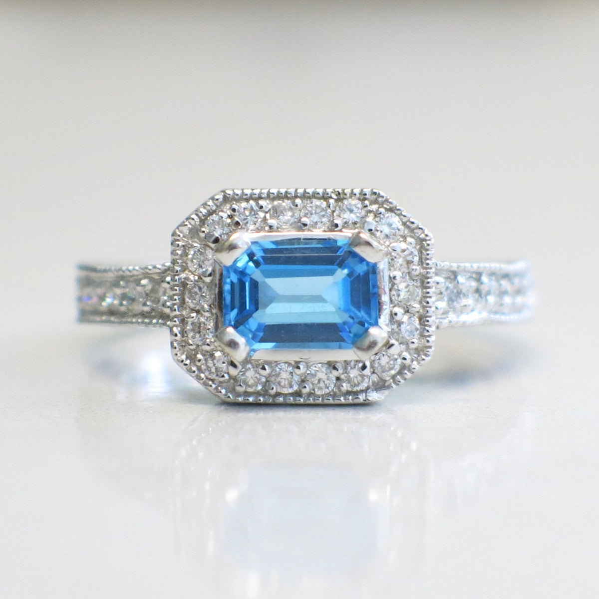 14K White Gold Emerald Cut Topaz and Diamond Ring