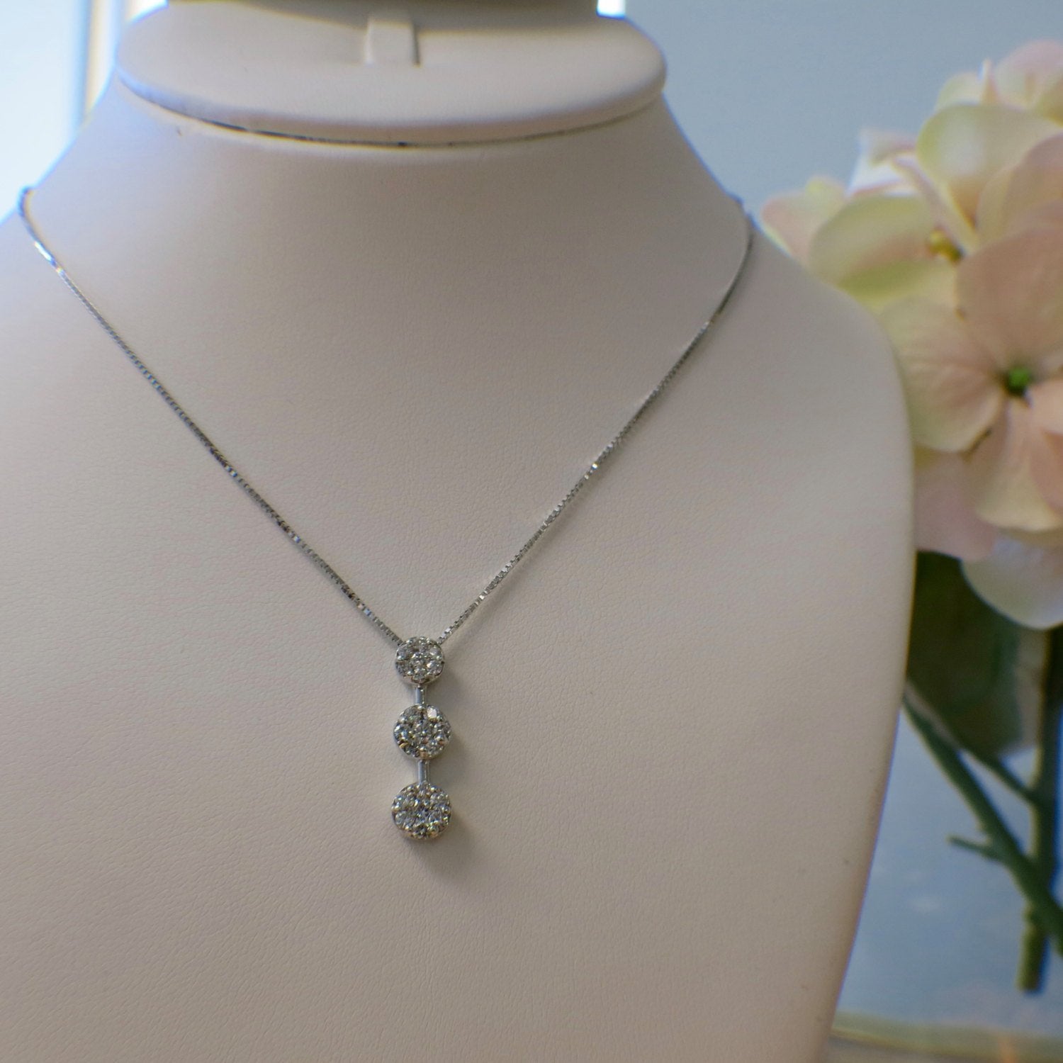 14K White Gold Diamond Three Stone Drop Cluster Necklace