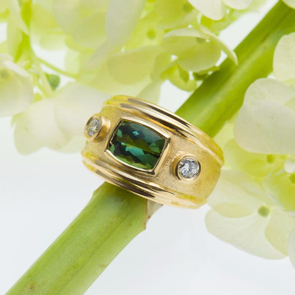 18K White Gold Beryl, Tourmaline, Peridot, And Diamond Ring