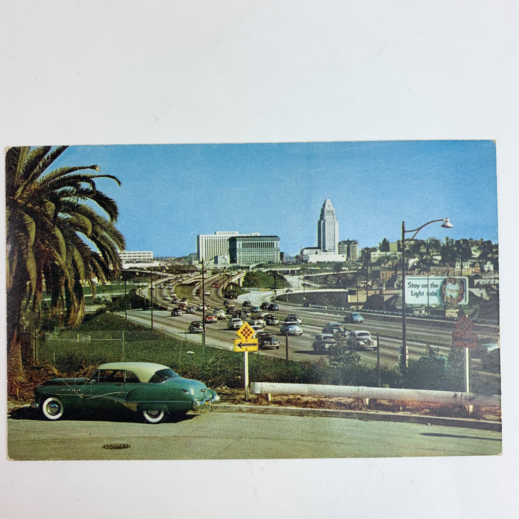 Vintage Civic Center from Hollywood Freeway Los Angeles CA Cars Highway Postcard