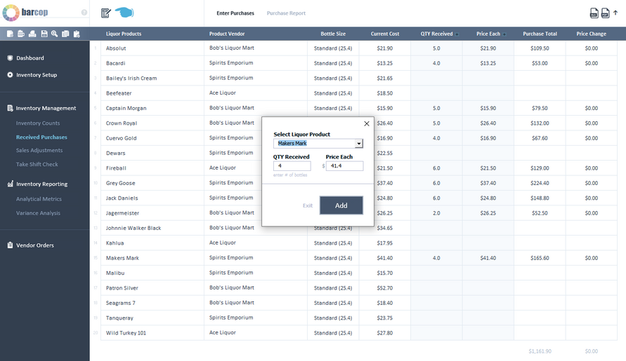 Bar software data entry