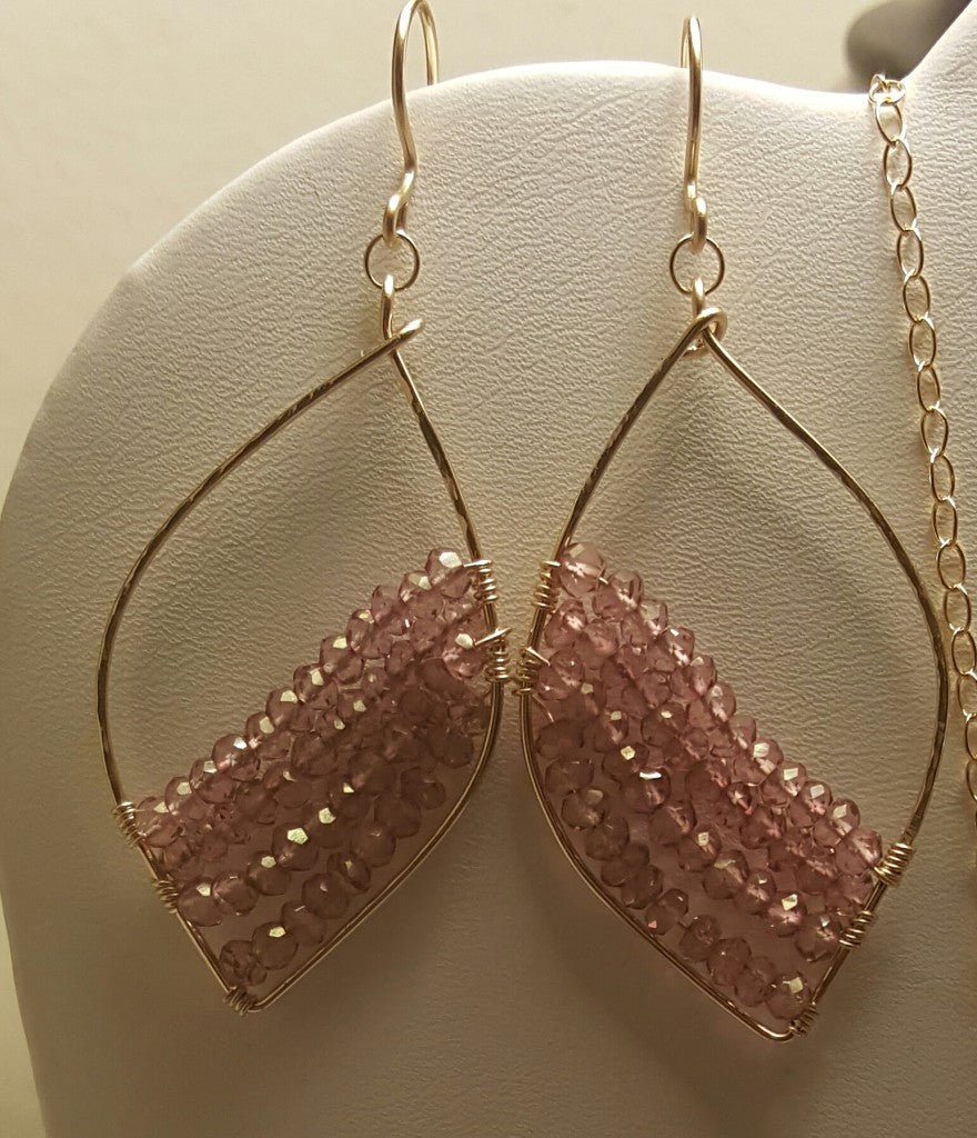 New earring design featuring wire-wrapping and mystic pink gemstones. Copyright 2015 Ayana Glaze