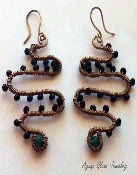 Celia wire wrapped earrings are snake earrings by Ayana Glaze Jewelry