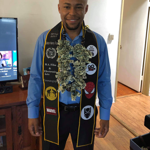 Custom graduation stole for film student by Ayana Glaze