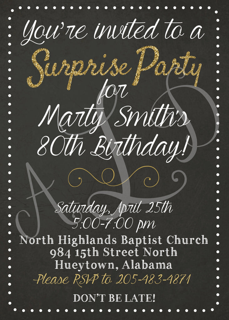 Surprise Birthday Invitations - Swirled Glitter Font – Allie Logan Designs