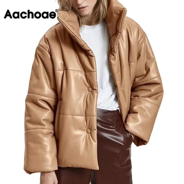 Women PU Leather Parkas Fashion High Street Solid Faxu Leather Coats Elegant Winter Thick Cotton Jackets Loose Outerwear ZopiStyle