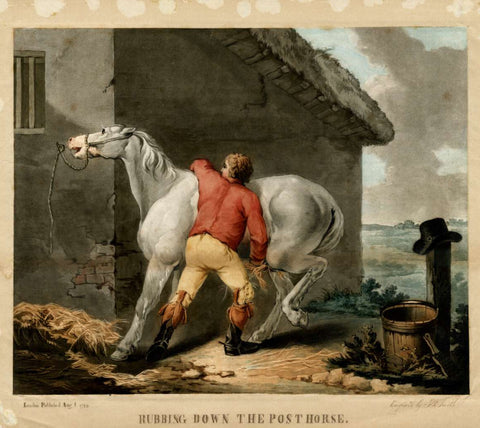 painting of a man rubbing down a post horse with straw