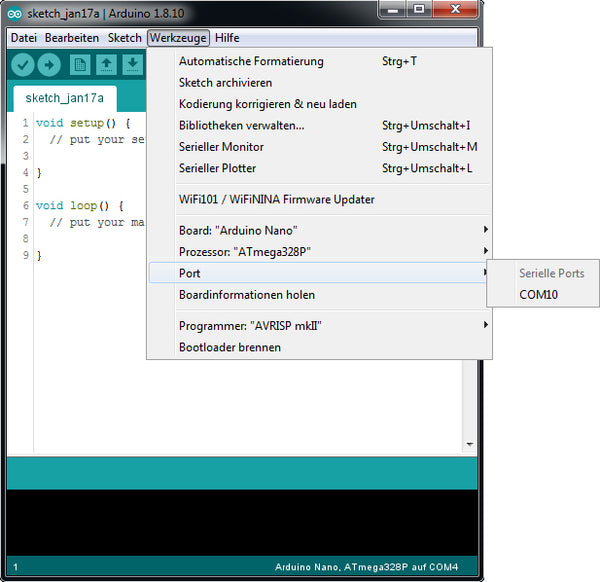 Abbildung 3: Arduino IDE - Portauswahl Bibliothekenverwaltung