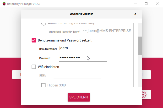 Figure 4: User and password via Raspberry Pi Imager