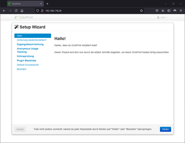 Abbildung 10: Start Setup Wizard OctoPrint