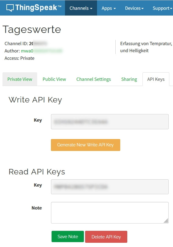 Figure 14: The access keys for writing and reading (source: https://hingspeak.com)