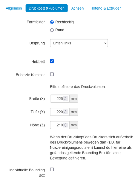 Abbildung 13: Druckbett & -volumen konfigurieren