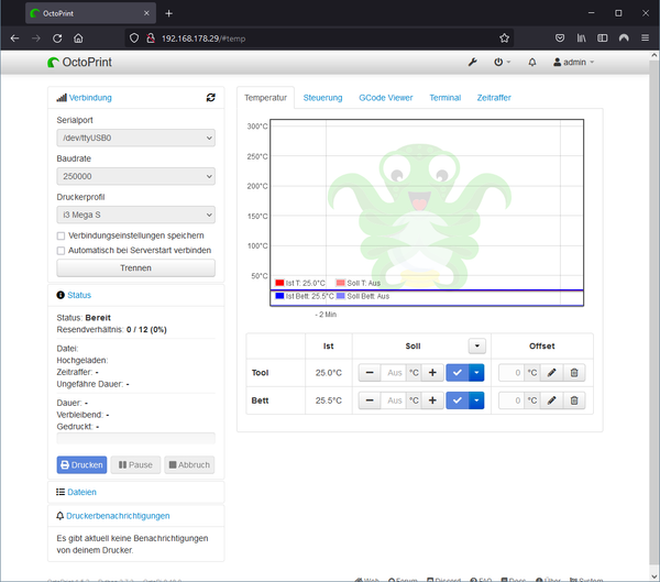 Abbildung 17: Aktuallisiertes Dashboard bei verbundenem Drucker