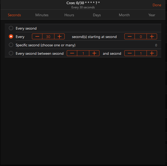 Figure 17: The cron schedule for every 30 seconds from second 0 0