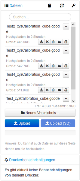 Abbildung 18: Hochgeladenen gcode-Dateien im Tab Dateien