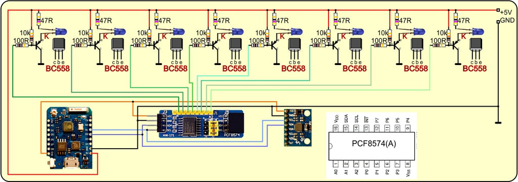 Abbildung 6: LED-Zeile - Schaltplan mit PCF8574-Modul