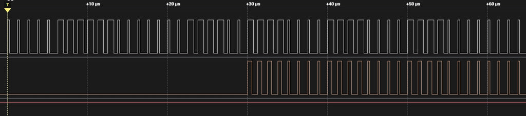 Abbildung 12b: Pulsfolge für RGB = 0xE0, 0x07, 0x3C, 0xff, 0xff, 0xff