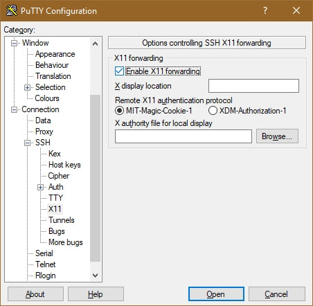 Figure 16: Putty - X11 Forwarding Switch on