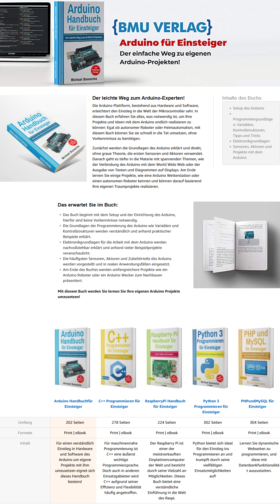 Manual de aprendizaje de programación Arduino para principiantes Michael Bonacina BMU Verlag libro superventas