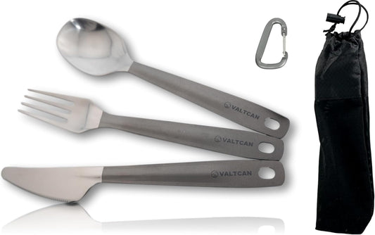 Navaris Titanium Camping Cutlery Set - Lightweight Camping Cutlery for One - Knife, Fork and Spoon Set with Carabiner and Bag for Hiking and Travel