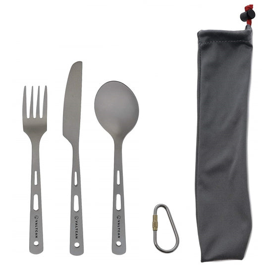 Navaris Titanium Camping Cutlery Set - Lightweight Camping Cutlery for One - Knife, Fork and Spoon Set with Carabiner and Bag for Hiking and Travel
