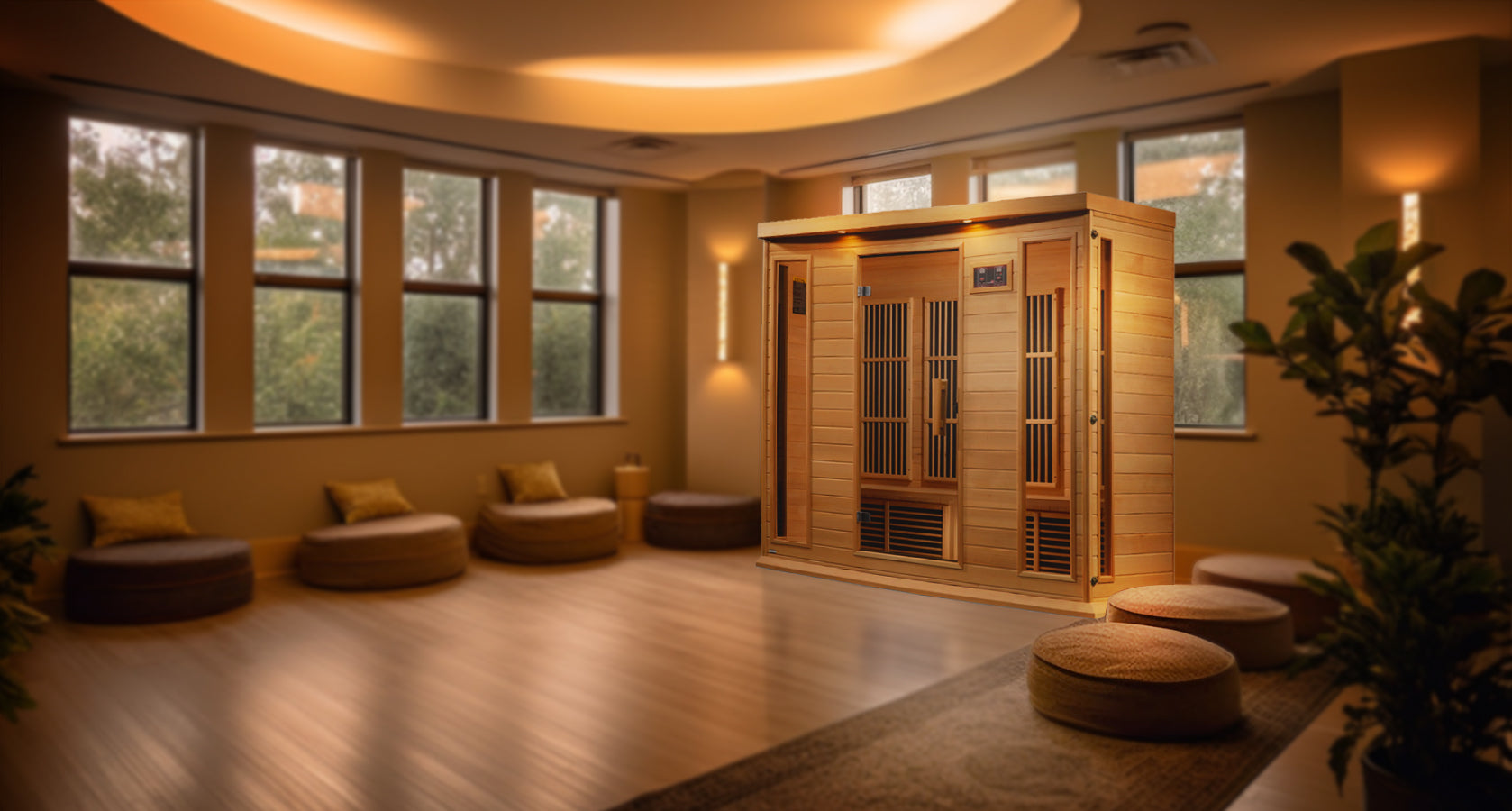 Maxxus 4 Person Corner Near Zero EMF FAR Infrared Sauna - Canadian Hemlock - Lifestyle Image