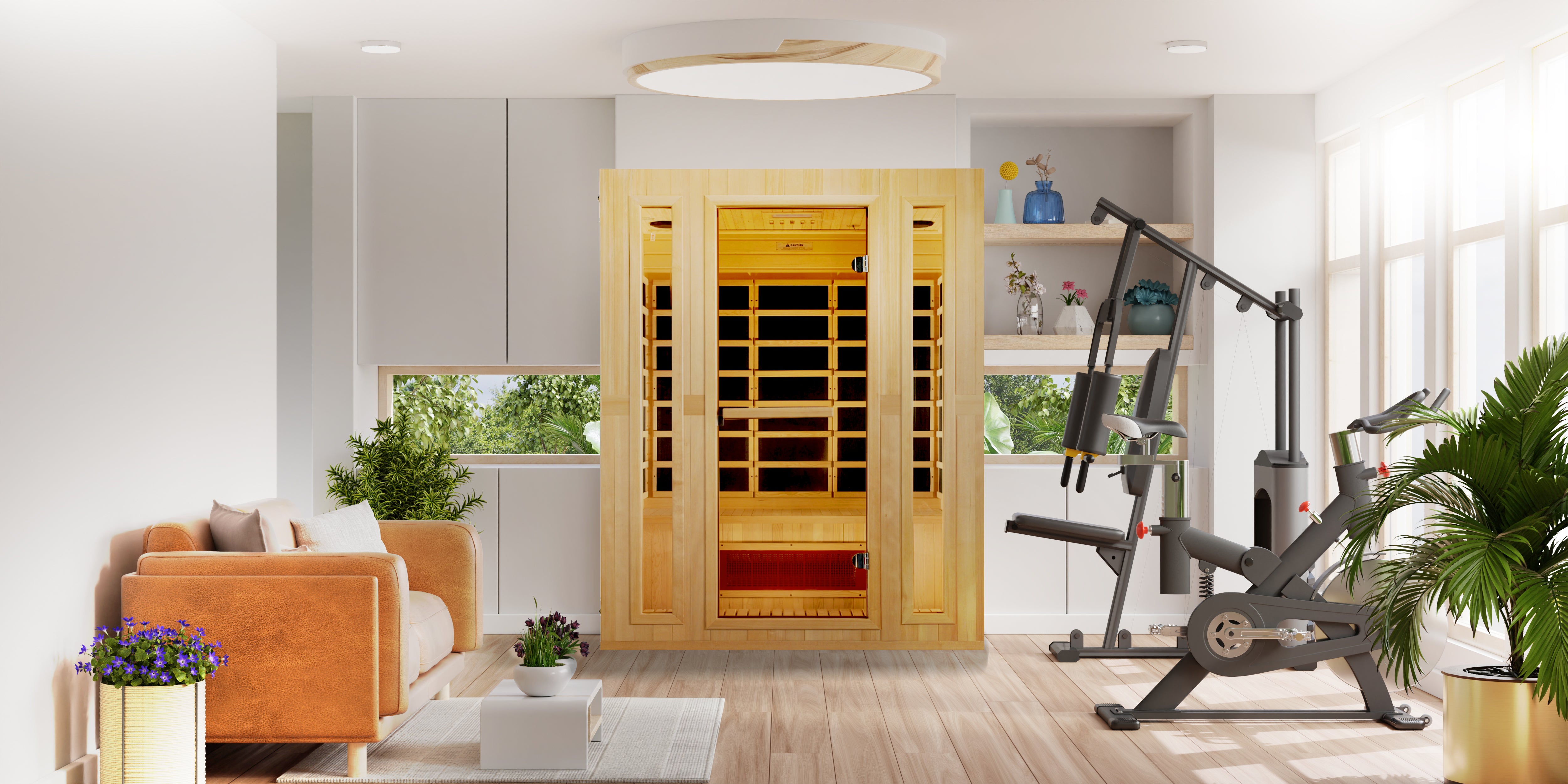 Maxxus "Trinity" Dual Tech 3-Person Corner Low EMF FAR Infrared Sauna - Canadian Hemlock - Lifestyle Image