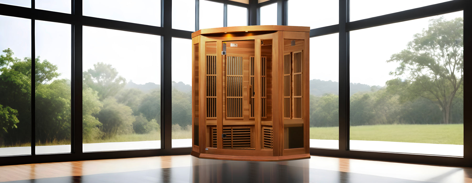 Maxxus "Avignon Edition" 3-Person Corner Near Zero EMF FAR Infrared Sauna - Canadian Red Cedar - Lifestyle Image