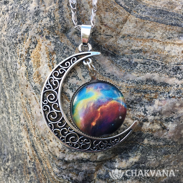 Cosmic Nebula Waning Crescent Moon Pendant Necklace – CHAKVANA