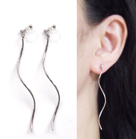 Comfortable pierced look two way dangle long silver waved curved bar threader invisible clip on earrings MiyabiGrace 夾耳環 ノンホールピアス 夾式耳環