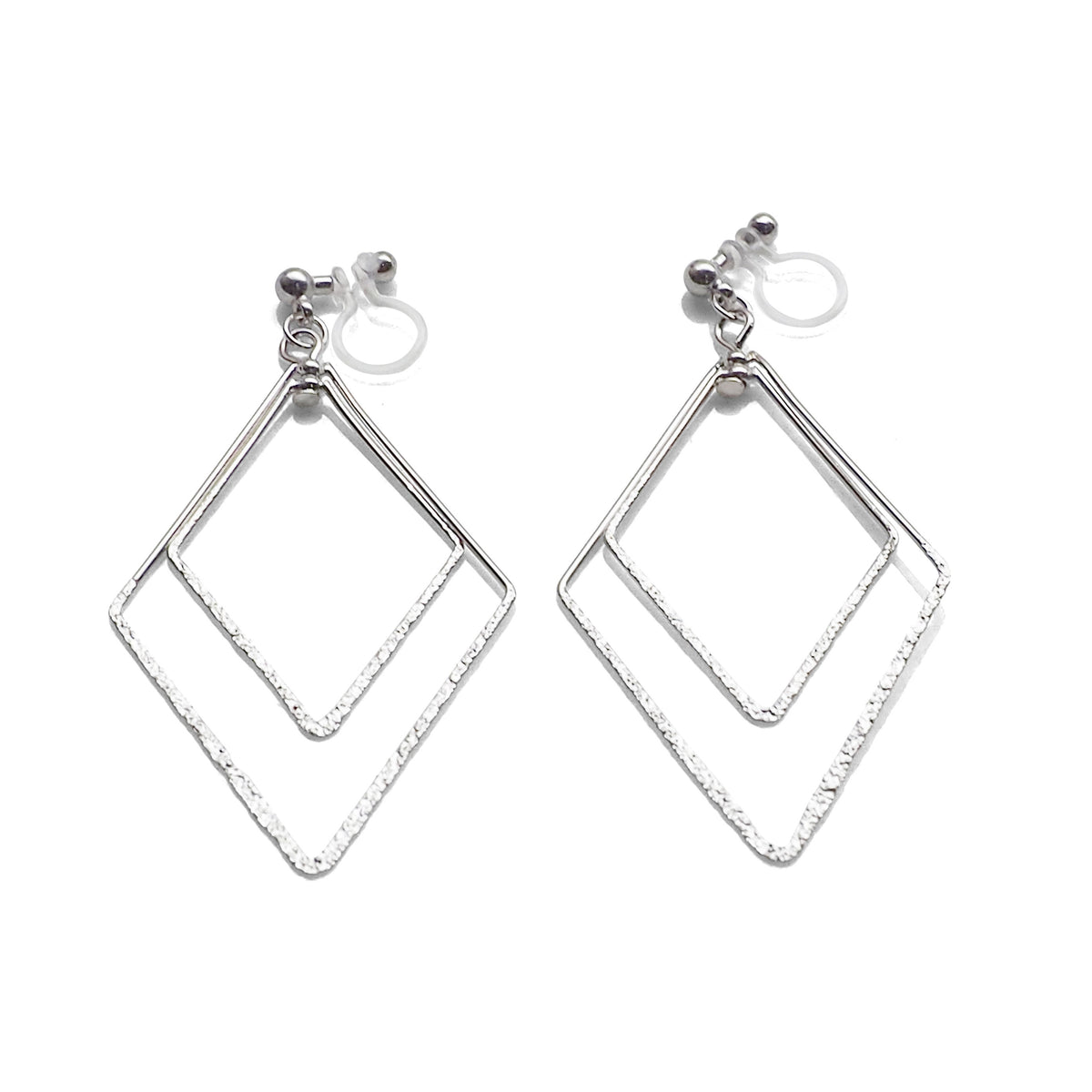 Dangle Silver Double Diamond Hoop Invisible Clip on Earrings – Miyabi Grace