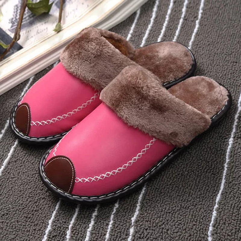 Kaaum 2020 Winter Couple Super Comfy Leather Waterproof Warm Slippers