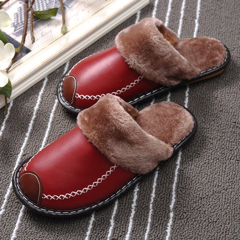 Kaaum 2020 Winter Couple Super Comfy Leather Waterproof Warm Slippers