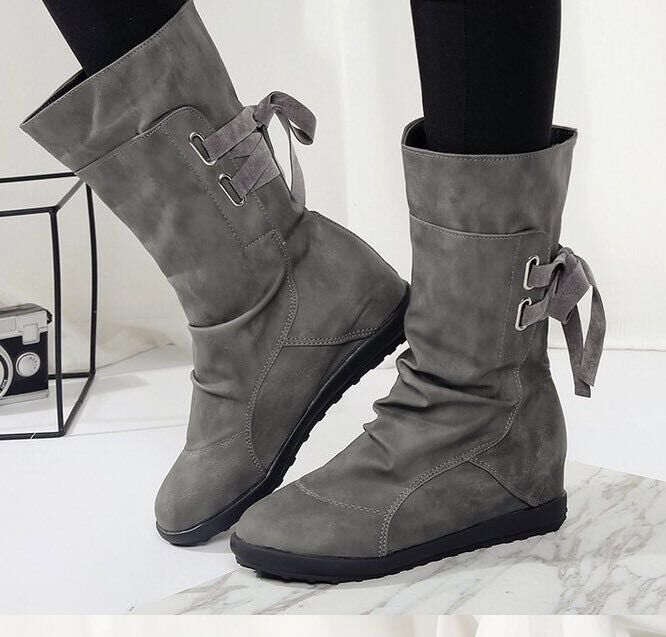 2019 Casual Big Size Pure Color Lace Up Mid Calf Flat Knight Boots – Kaaum