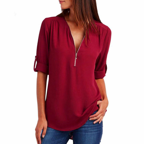 v neck patchwork plain blouses