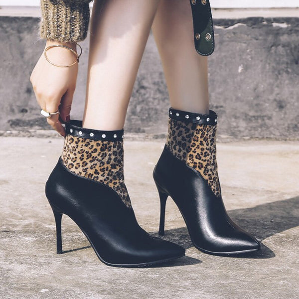 Womens Leopard Rivet Pointed Toe High-Heel Ankle Boots – Kaaum