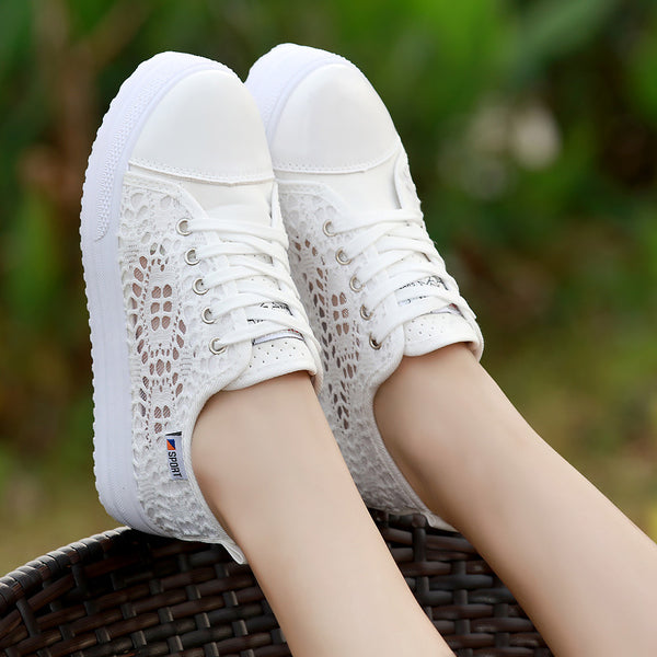 Womens Shoes Lace Canvas Hollow Breathable Platform Flat Shoes Kaaum 8231