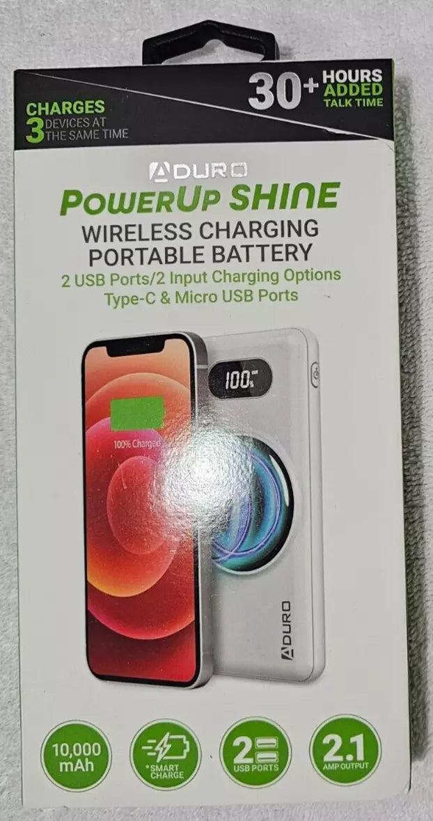 Aduro PowerUp Shine 10000 mAh Wireless Charging Portable Battery Bank - White - Like New