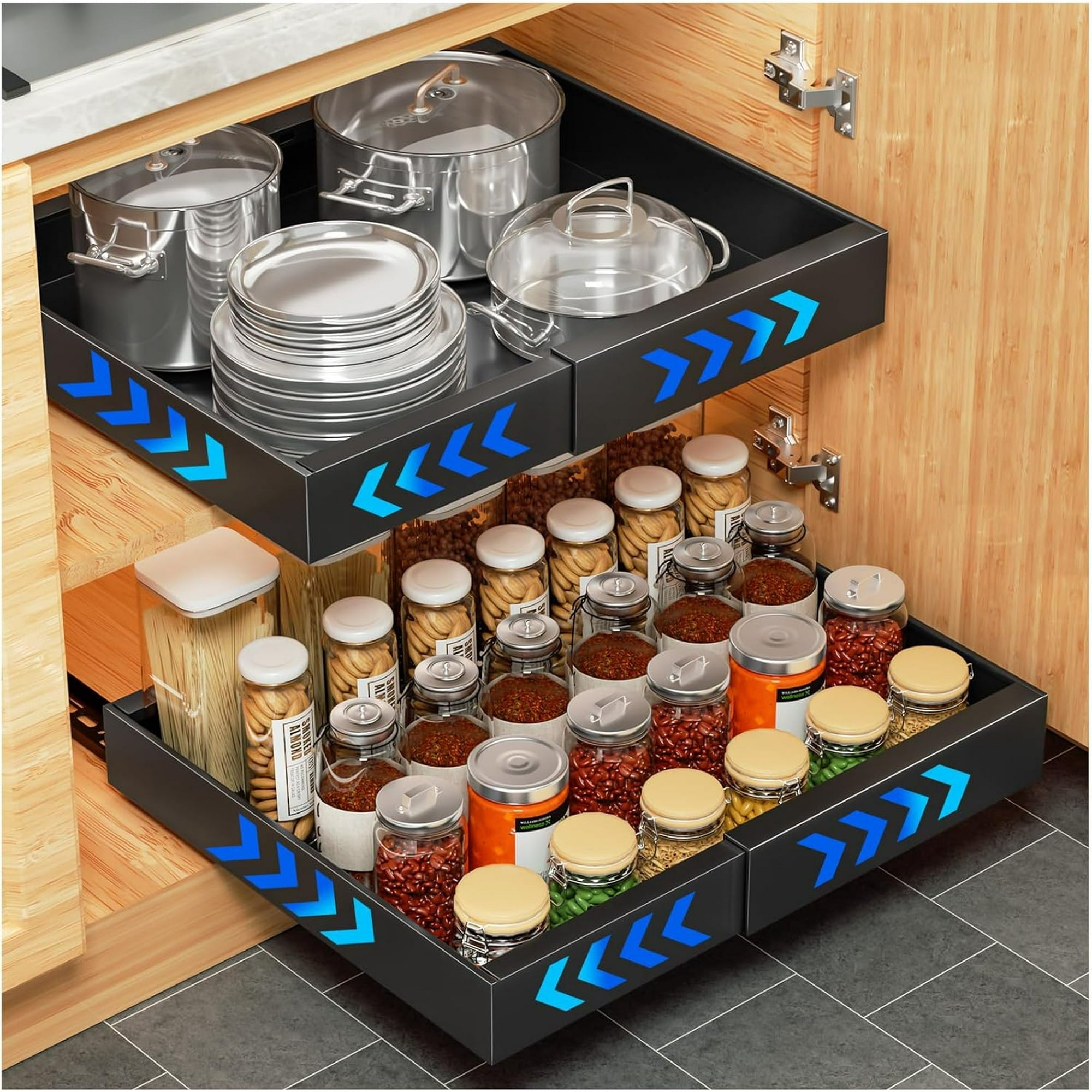 YFXCVSL PULL OUT CABINET ORGANIZER 2 PACK 16.9" DEEP EXPANDABLE - BLACK - Like New