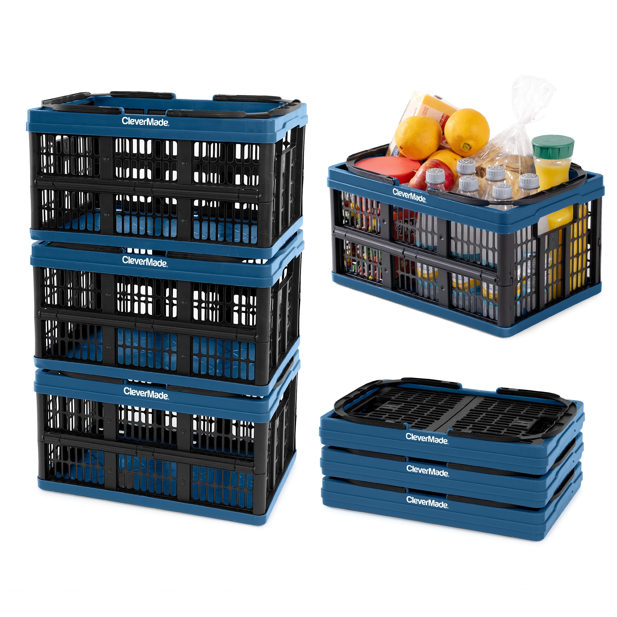CleverMade Collapsible Shopping Basket 3PK 16L (4 Gal) Reusable Plastic - Ocean - Like New
