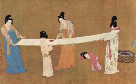 Silk: One of the world's oldest luxury goods - Painting of Chinese women holding a long piece of white silk cloth