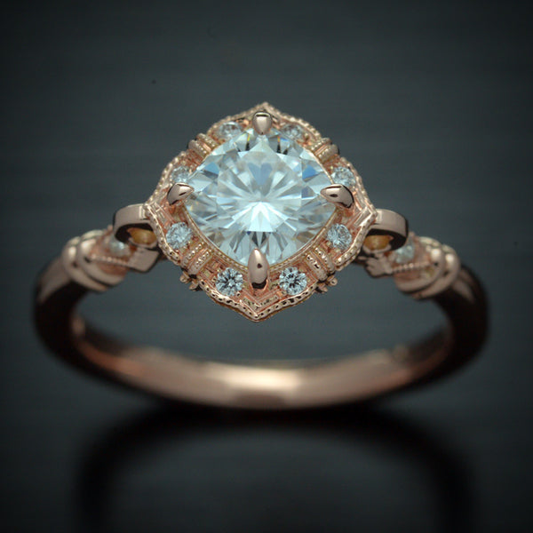 Cushion Inverted Halo Engagement Ring Vintage Inspired 14k