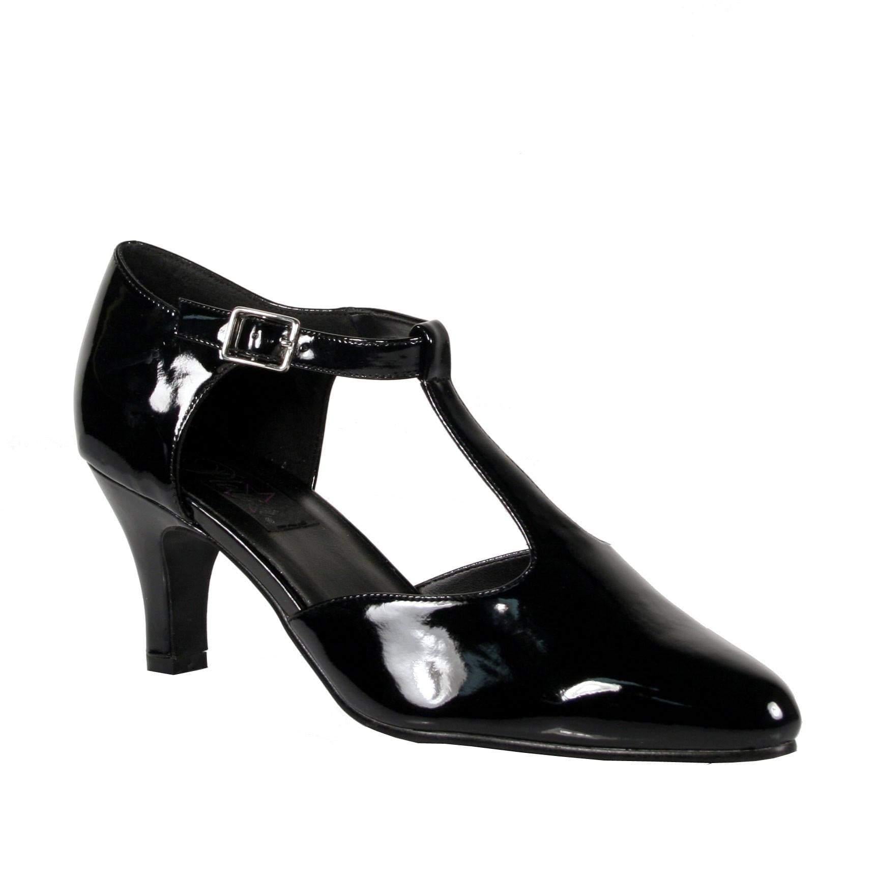 black patent t bar heels