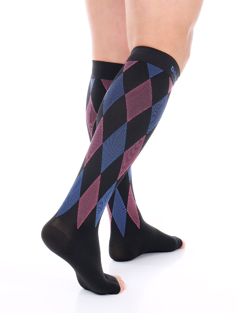 Open Toe Compression Socks 30-40 mmHg 3 Color-Argyle BLACK/BLUE/PINK b ...